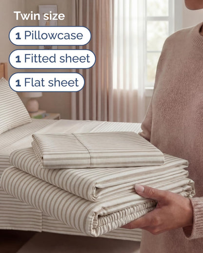 Skiennix Twin Size 3-Piece Sheet Set - Comfy, Breathable & Cooling Bed Sheets - Luxury Beige Stripes