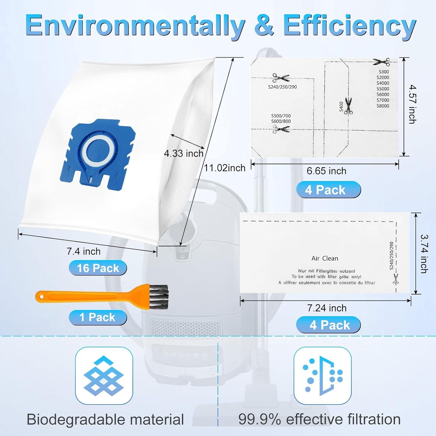 Miele 16-Pack 3D Airclean Dust Bags - Compatible with Classic C1, Complete C1-C3, S227, S240, S270, S280, S400, S2, S5, S8 Series