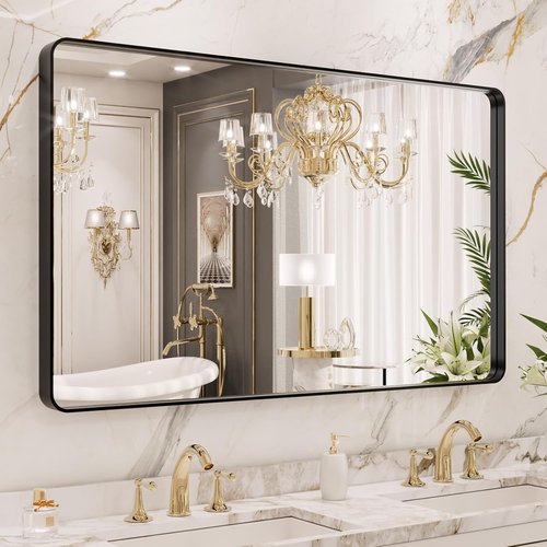 LOAAO Black Metal Framed Bathroom Mirror - 40x24 Inch Large Rounded Rectangle, Anti-Rust Design
