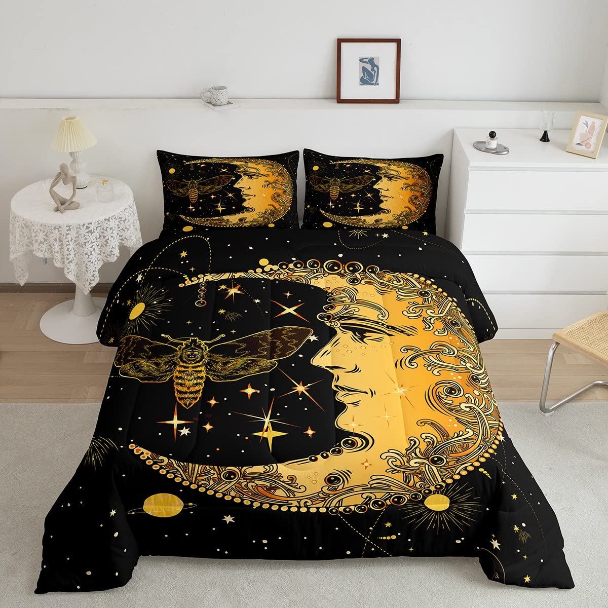 Erosebridal Boho Moth Bedding Set Full Black Yellow Sun and Moon Comforter Set,Gothic Moth Skull Quilt Duvet,Galaxy Starry Sky Down Comforter Tribal Paisley Decor Duvet Sets for Kids Boys Room Decor