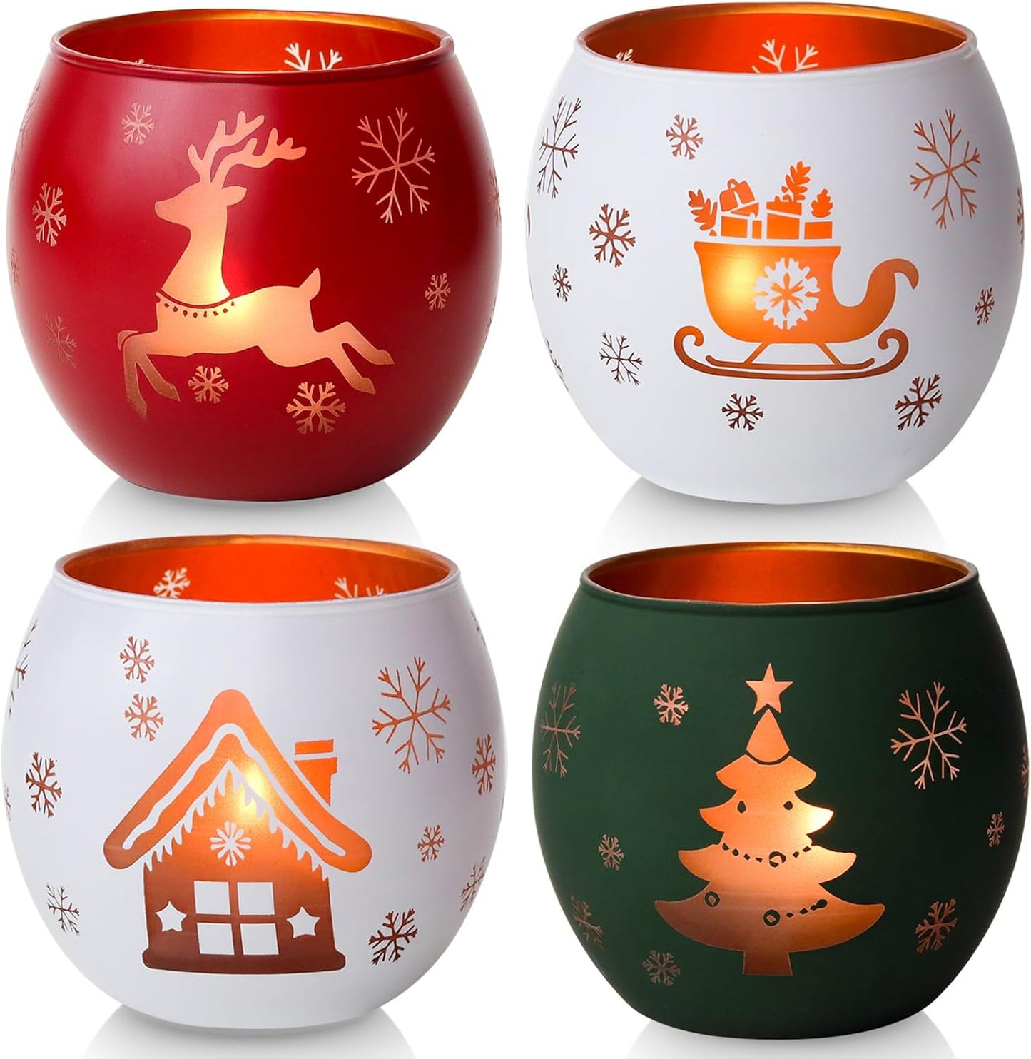 Skiennix Christmas Candle Holders - Set of 4 Frosted Glass Tealight Votives with Holiday Designs | Red, Green, White
