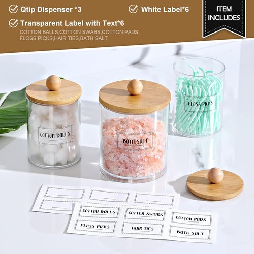 Apothecary Jar Qtip Holder Dispenser - 3 Pack Bamboo Lids Vanity Organizer for Bathroom Accessories