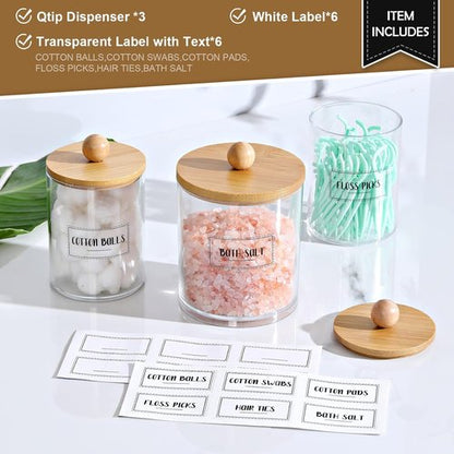 Apothecary Jar Qtip Holder Dispenser - 3 Pack Bamboo Lids Vanity Organizer for Bathroom Accessories