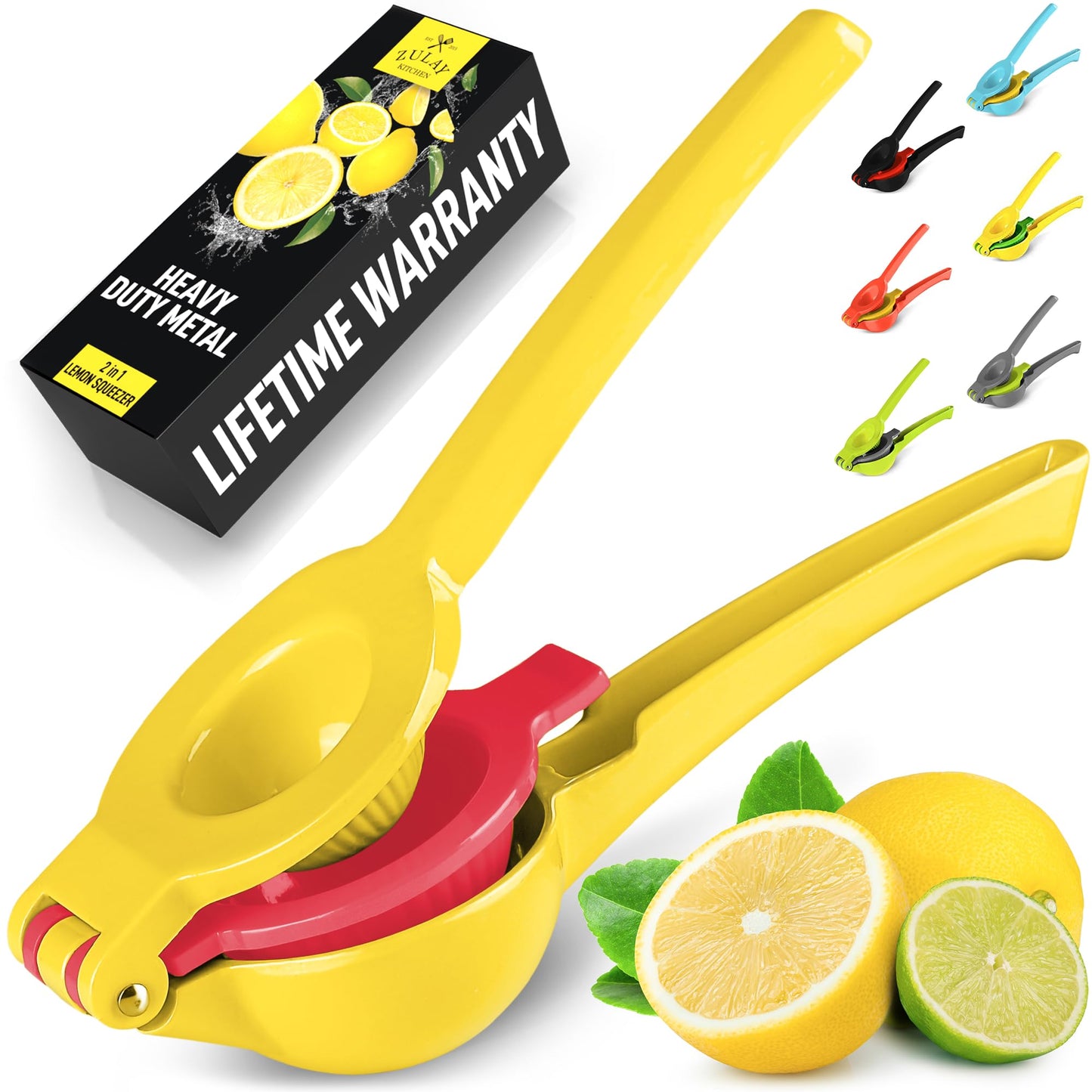 Zulay Metal 2-In-1 Lemon Squeezer Manual - Sturdy, Max Extraction Hand Juicer Lemon Squeezer Gets Every Last Drop - Easy to Clean Manual Citrus Juicer - Easy-to-Use Lemon Juicer Squeezer - Yellow/Red