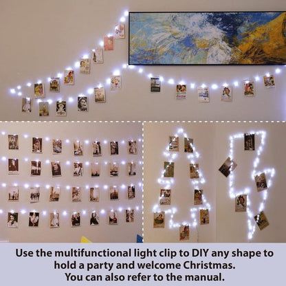 HXWEIYE 120LED White Photo Clips String Lights - 40Ft Fairy Light with 52 Clips & 12 Hooks | USB Powered, Timer & 8 Modes for Bedroom & Wedding Decor