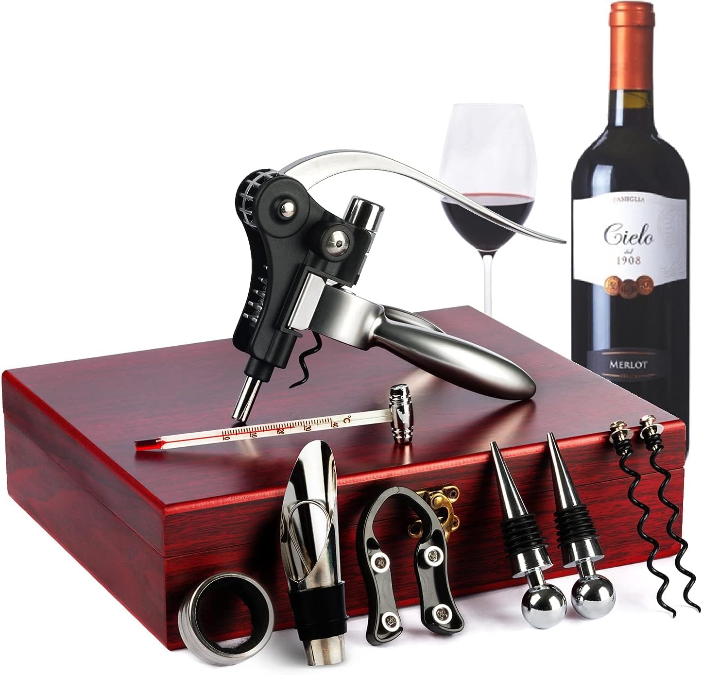 Valentines Day Gifts, 9 PCS Corkscrew Wine Opener Set, Stainless Steel Cork Screw Rabbit Wine Bottle Opener Kit Including Foil Cutter, Pourer, Vacuum Wine Stopper Corkscrews etc