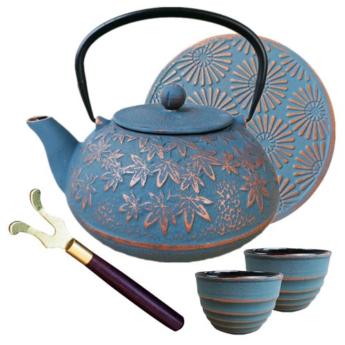 40 oz Japanese Style Cast Iron Teapot Set with Infuser and Trivet for Loose Tea, Adult Asain Tea Pot Kettle Maker with 2 Tea Cups, Blue