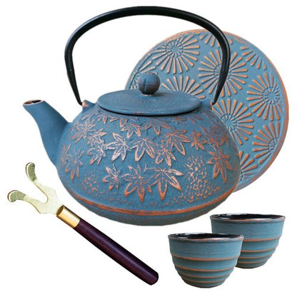 40 oz Japanese Style Cast Iron Teapot Set with Infuser and Trivet for Loose Tea, Adult Asain Tea Pot Kettle Maker with 2 Tea Cups, Blue