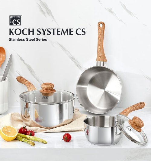 KOCH SYSTEME CS Stainless Steel Saucepan Set, 6 Piece Sauce Pan Set 1QT & 2QT & 3QT with Heat-resistant Bakelite Handle, Cool-Touch Stainless Steel Pot Set, Sauce Pans Induction Ready