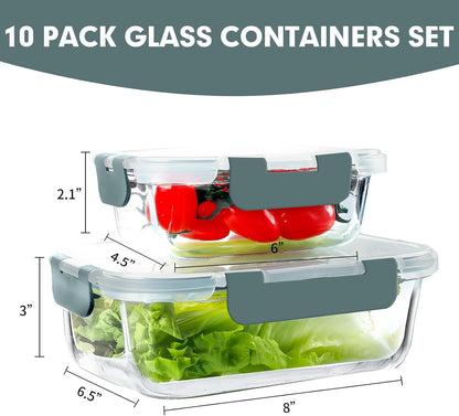 VERONES Glass Meal Prep Containers - 10 Pack Airtight, Stackable Food Storage Set with Lids | BPA-Free, Microwave & Oven Safe, Grey