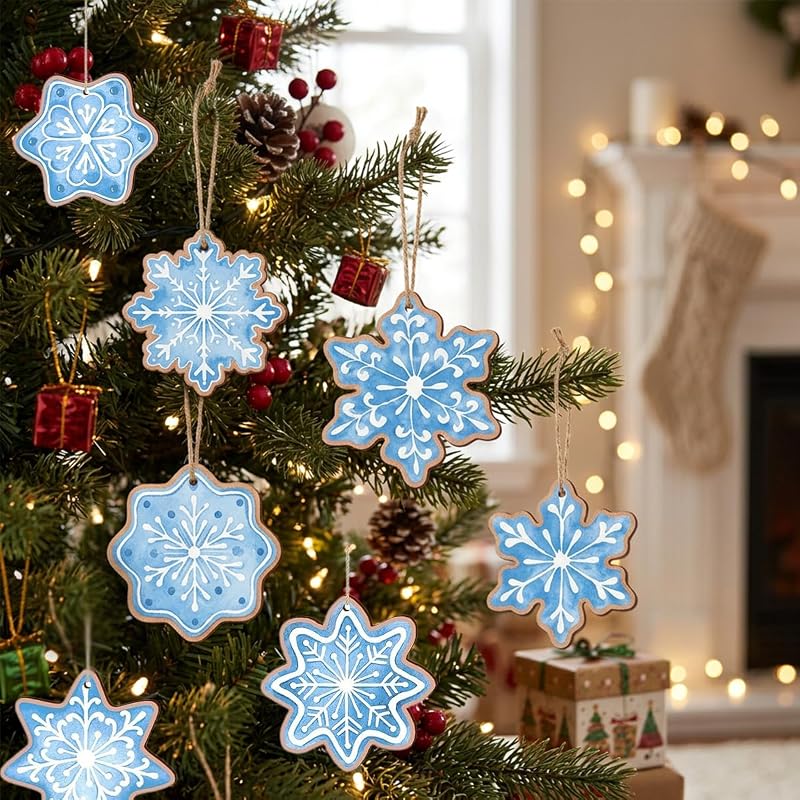 12 Pcs Blue Wooden Snowflake Ornaments - Christmas Tree Decorations - Variation of THIS listing: Blue Snowflake-2