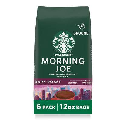 Starbucks Ground Coffee - Dark Roast for Hot or Iced Coffee | Six 12 oz Bags of Morning Joe