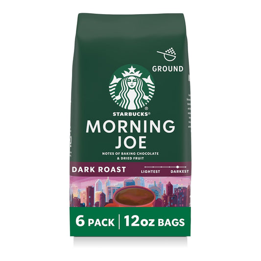 Starbucks Ground Coffee - Dark Roast for Hot or Iced Coffee | Six 12 oz Bags of Morning Joe