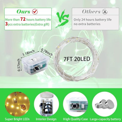 Green Fairy Lights - 100 Pack 7Ft 20 LED Twinkle String Lights | Battery Operated & Waterproof for Holidays