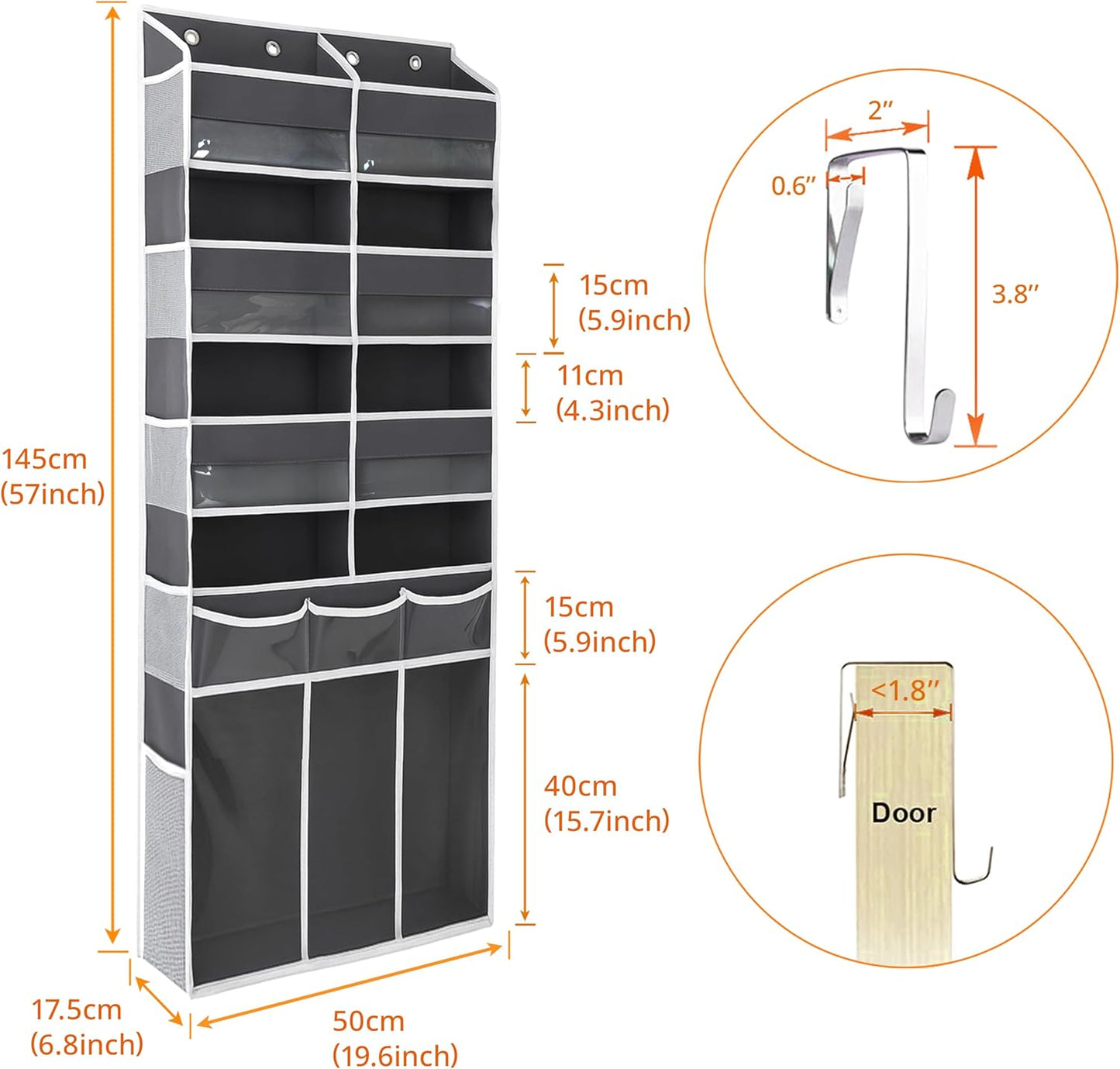Over The Door Organizer by Extra Large | Heavy-Duty 8 Compartment Storage with Clear Pockets - 57 Inch Height