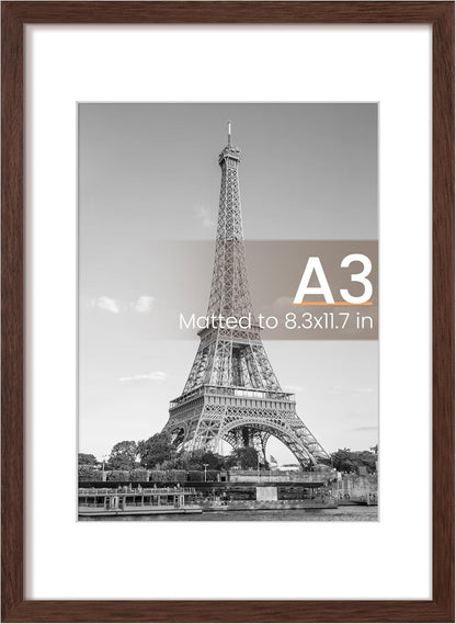 Upsimples A3 Picture Frame - Display 8.3x11.7" or 11.7x16.5" Pictures | Brown Wall Hanging Frame, 1 Pack