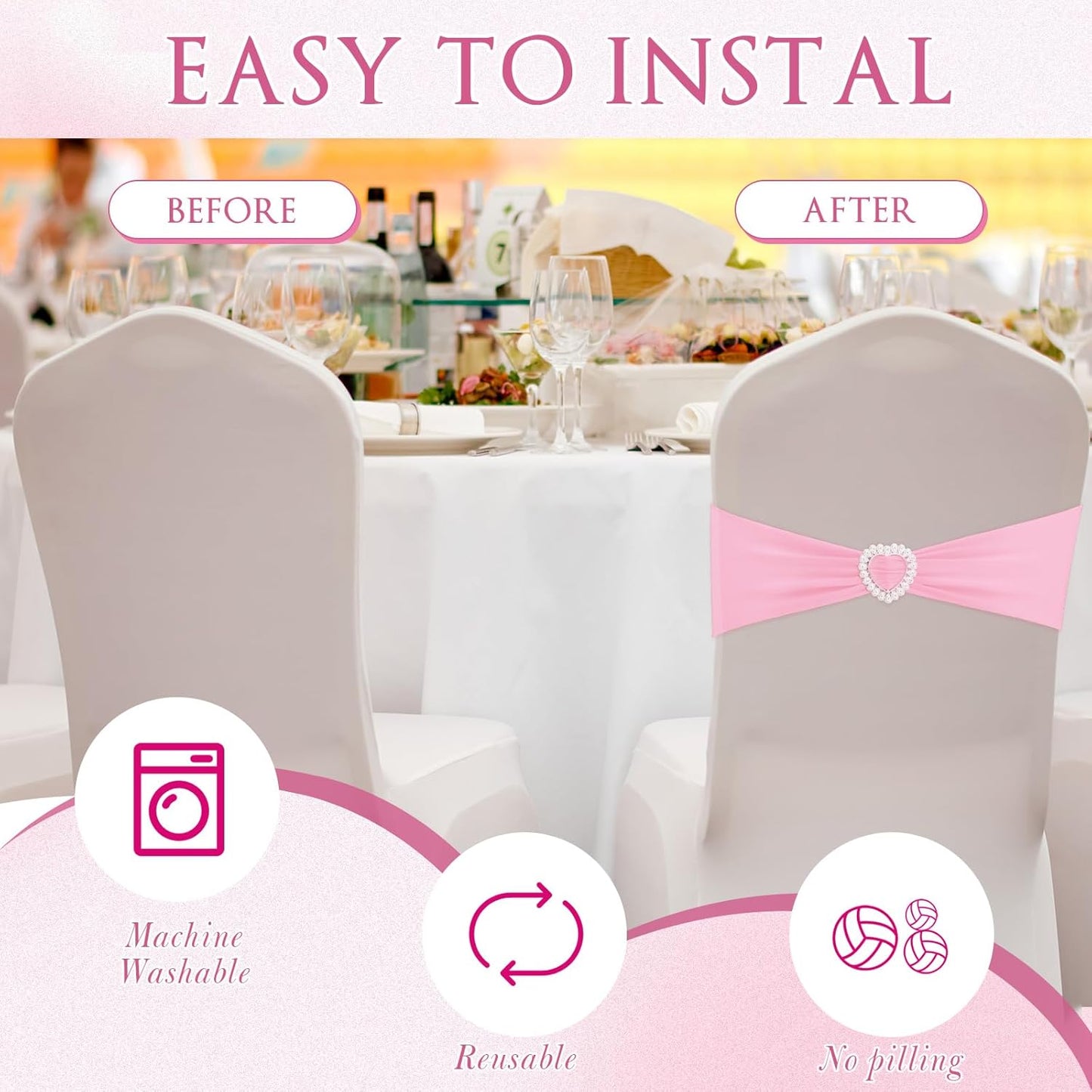 VitalCozy Spandex Chair Sashes - 50 Pcs with Heart Shaped Buckle Slider | Pink Elastic Chair Ties for Weddings & Events