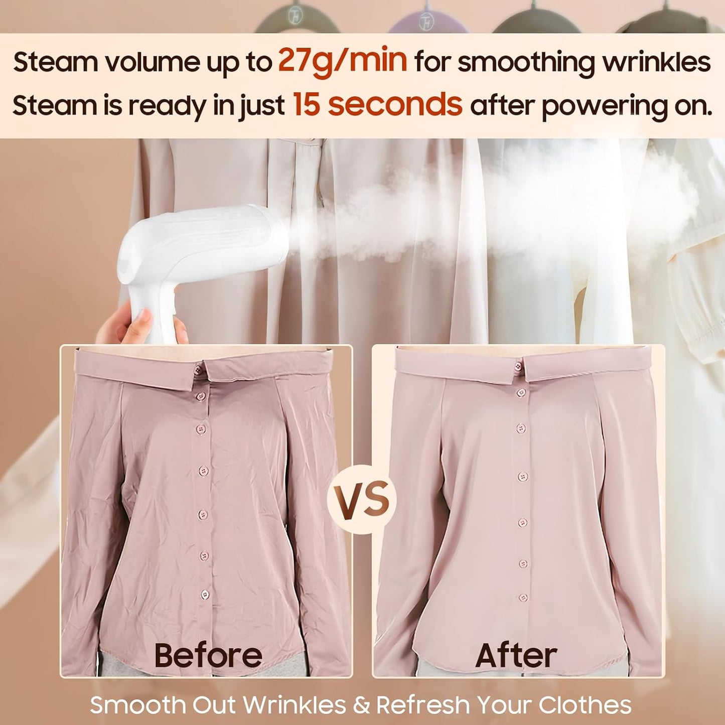 Skiennix Portable Handheld Clothes Steamer - 1350W Rapid Heating, Large Capacity, Fast Wrinkle Remover for Travel