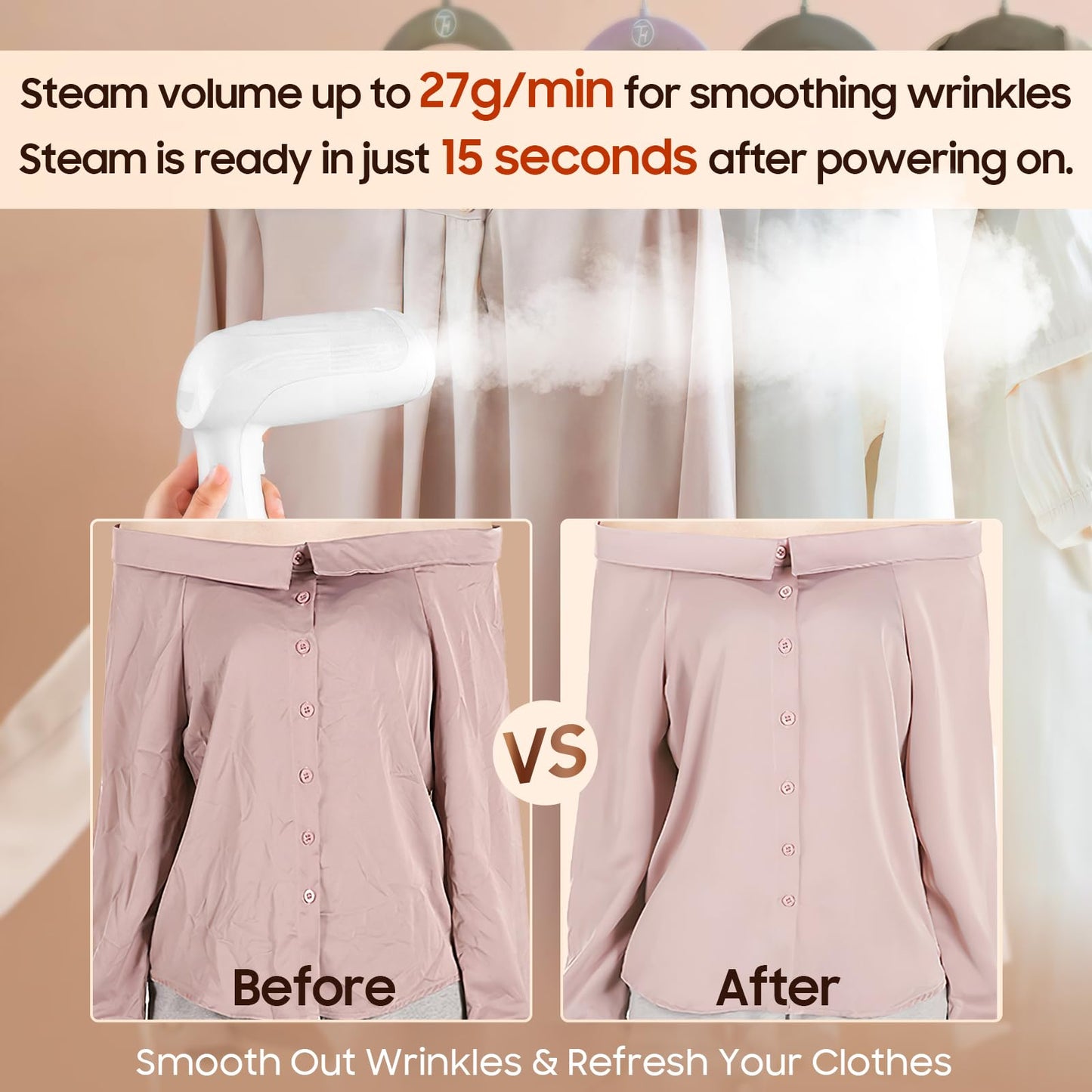 Portable Handheld Steamer for Clothes - 1350W Hand Held Clothes Steamer 15S Fast Heat-up, Heat-Resistant Steam Iron Remove Wrinkles for All Fabrics, 300ml Tank for Travel/Hotel