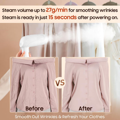 Portable Handheld Steamer for Clothes - 1350W Hand Held Clothes Steamer 15S Fast Heat-up, Heat-Resistant Steam Iron Remove Wrinkles for All Fabrics, 300ml Tank for Travel/Hotel