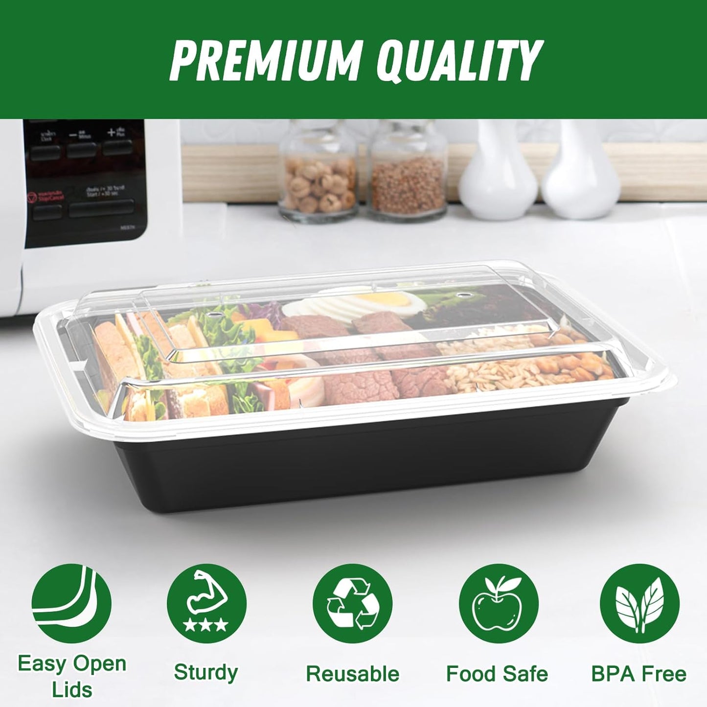 Regine Switzerland 32 oz Meal Prep Containers - 50 Pack of Reusable, Leakproof Food Storage Pans | Microwave & Dishwasher Safe, Black