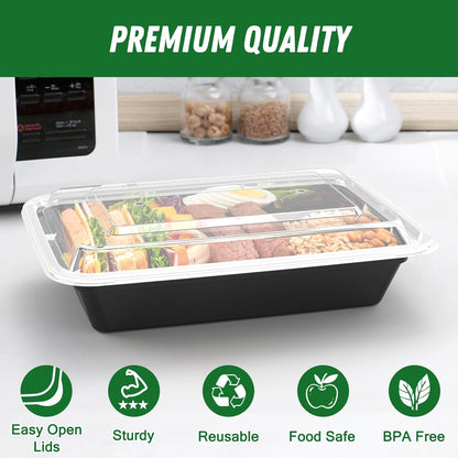 Regine Switzerland 32 oz Meal Prep Containers - 50 Pack of Reusable, Leakproof Food Storage Pans | Microwave & Dishwasher Safe, Black