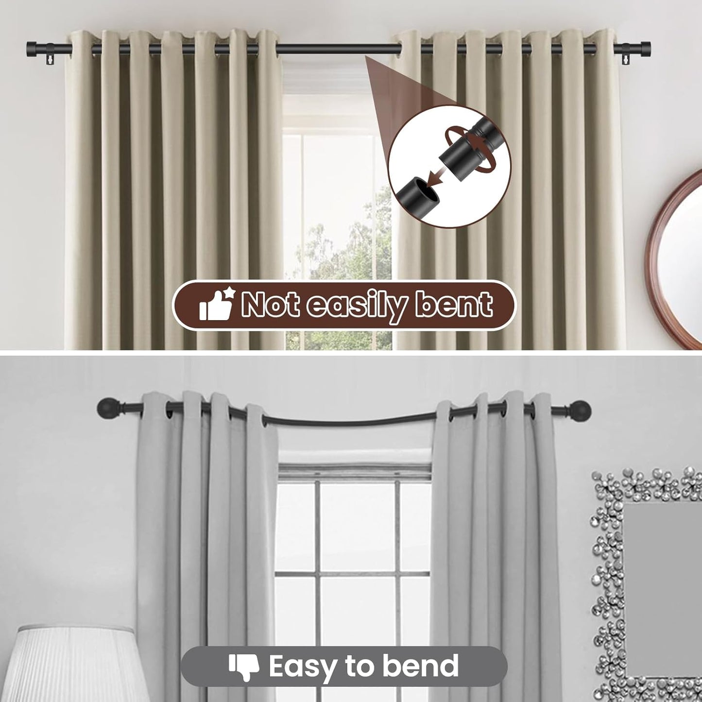 Skiennix Black Curtain Rods - Heavy Duty Metal Drapery Rods 28 to 48 Inch | Modern Design with Brackets