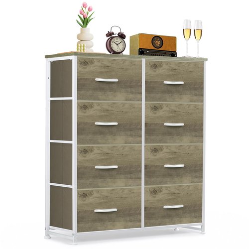 8-Drawer Dresser for Bedroom, Anti-Tip Tall Storage Organizer Chest of Drawers with Wooden Top and Metal Frame Fabric Bins for Closet, Living Room, Hallway, Entryway, Greige Oak