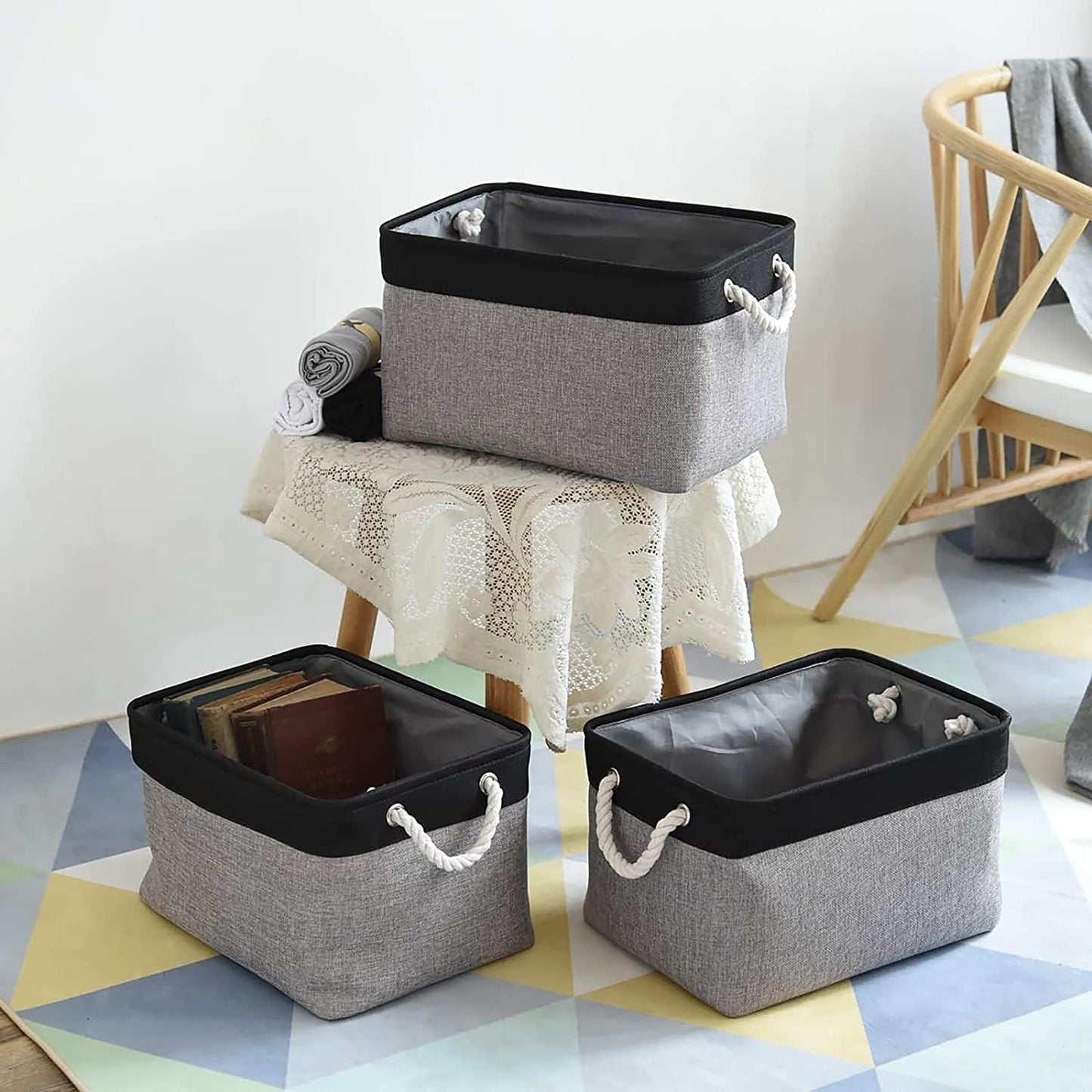 TheWarmHome Collapsible Storage Bins - Large 3-Pack Fabric Organizers for Toys & Gifts | 16x12x8 Inch (Black & Grey)