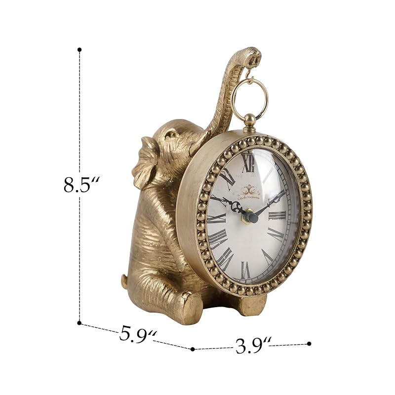 Gold Elephant Table Clock - Silent Battery-Operated Mantel Desk Clock