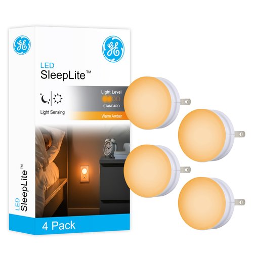 GE SleepLite LED Night Light, 4 Pack, Dusk-to-Dawn Sensor, Sleep Light, Dim Light, Warm Amber, Compact, Ideal for Bedroom, Nursery, Bathroom, Hallway,45041, 4 Count