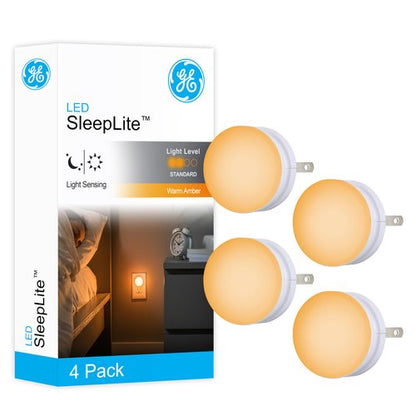 GE SleepLite LED Night Light, 4 Pack, Dusk-to-Dawn Sensor, Sleep Light, Dim Light, Warm Amber, Compact, Ideal for Bedroom, Nursery, Bathroom, Hallway,45041, 4 Count