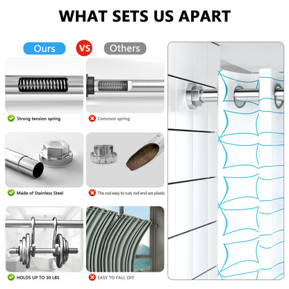 Shower Curtain Rod 27-79 Inches, Adjustable Tension Shower Rod No Drilling, No Slip, Spring Tension Curtain Rod for Bathroom Kitchen Closet Windows - Silver