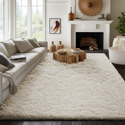 Ophanie Area Rugs - Soft Non-Slip Fluffy Shag Carpet for Living Room & Bedroom - Ivory 7x10 Size
