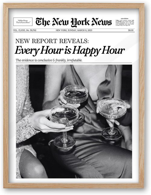 iHery Framed Newspaper Wall Art - Retro New York Prints in Natural Oak Wood | Large 16x20in Decor for Bedroom & Living Room