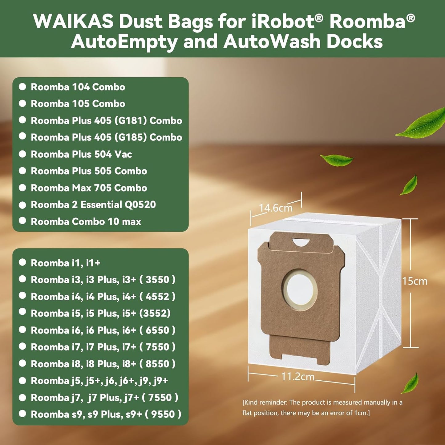 WAIKAS Roomba Vacuum Bags - 6 Pack Replacement for iRobot 104, 105, 405, 505, 705, i7+, i3+, i4+, i6+, i8+, j7+, j9+, s9+ | Compatible with All Clean Base