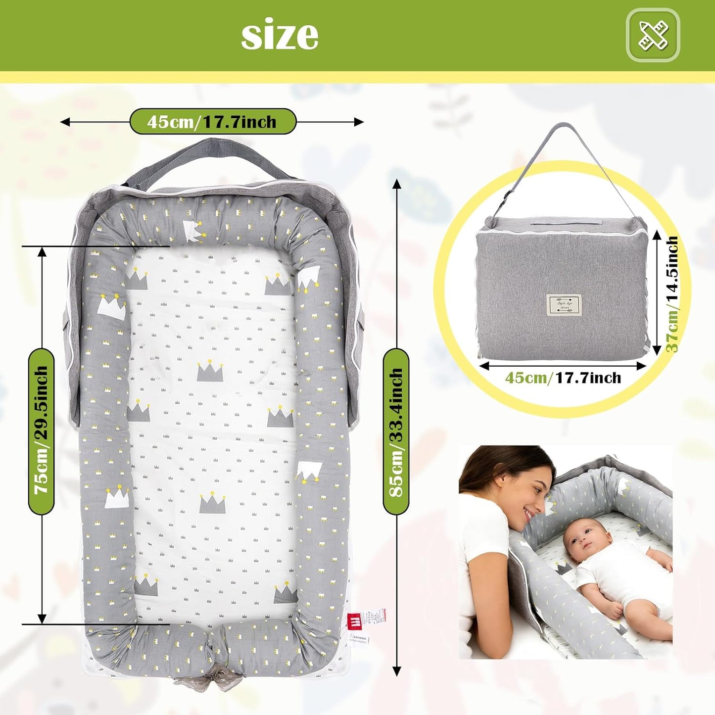 **Baby Lounger | 100% Cotton Breathable Infant Support Cushion - Adjustable Size, Portable for Home & Travel (Crown Grey)**