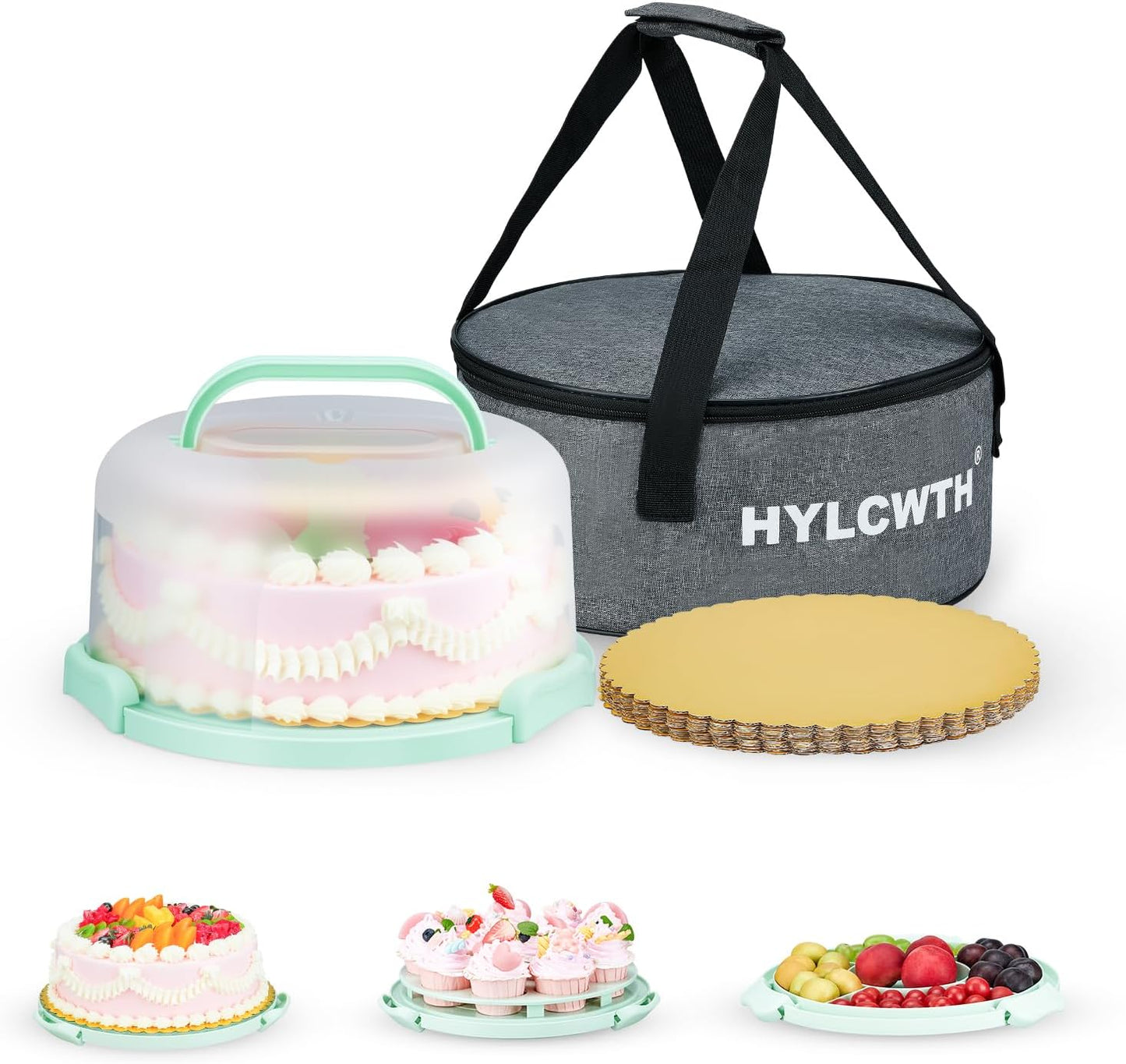 Skiennix Cake Carrier - BPA-Free 10-Inch Round Cake Holder with Lid & Handle | Includes 10 Golden Cake Boards & Insulated Bag