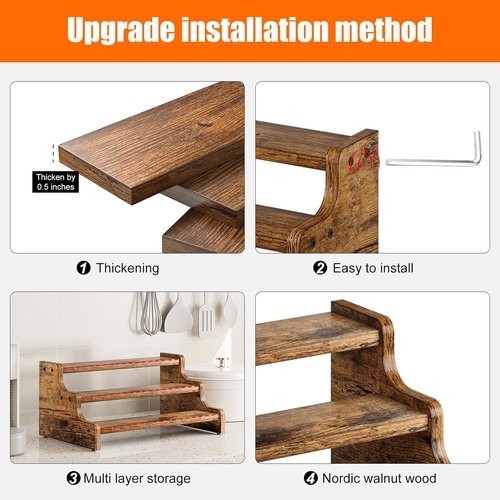 KLM 3-Tier Spice Rack - 13.8 Inch Wood Step Shelf for Kitchen Pantry & Bathroom Organization