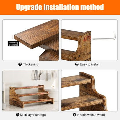 KLM 3-Tier Spice Rack - 13.8 Inch Wood Step Shelf for Kitchen Pantry & Bathroom Organization