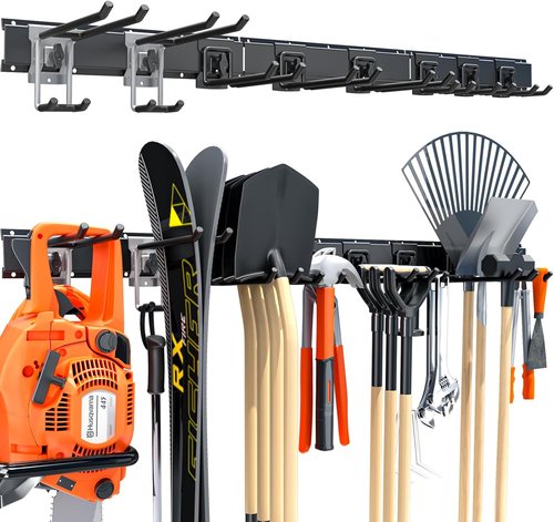 Garage Tool Organizer by [Brand Name] - 48” Heavy-Duty Metal Storage Rack | Adjustable Hooks for Rakes, Brooms & More