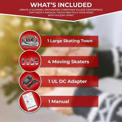 Large Animated Christmas Village Skating Town - Lighted Musical Snow Scene with 4 Moving Skaters