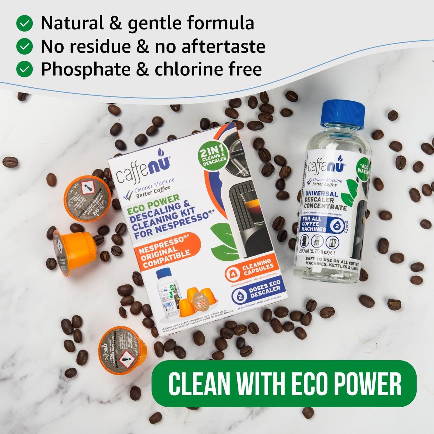 Nespresso Descaling Kit & Cleaning Pods - 2 Use Solution + 4 Cleaner Pods for Better Tasting Coffee