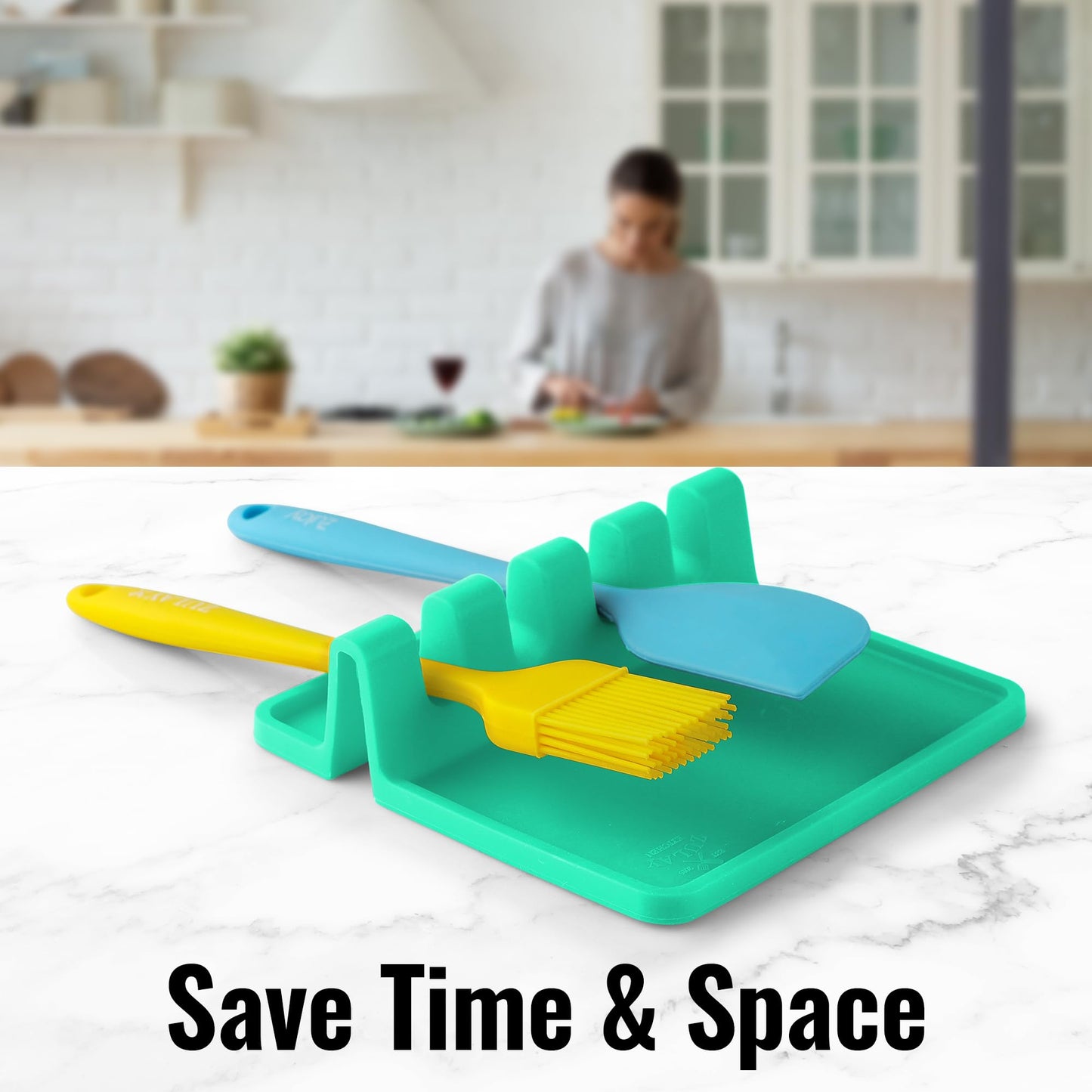 Zulay Kitchen Silicone Utensil Rest with Drip Pad for Multiple Utensils - BPA-Free, Heat-Resistant Spoon Rest & Spoon Holder for Stove Top - Kitchen Utensil Holder for Ladles & Tongs - Carnival Grass