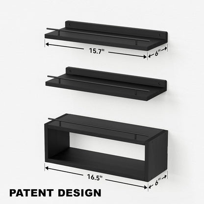 WOPITUES Floating Wall Shelves - Stylish Cube Shelf with Metal Rail for Bathroom Storage | Black
