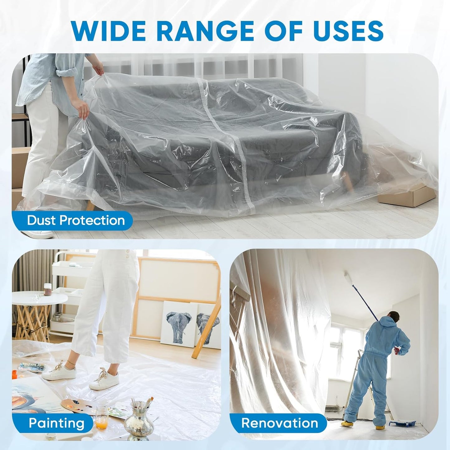 TICONN 12 x 9 Ft Waterproof Plastic Drop Cloth - Heavy-Duty Painters Sheeting for Floor & Furniture Protection (6PK, 1.2Mil)