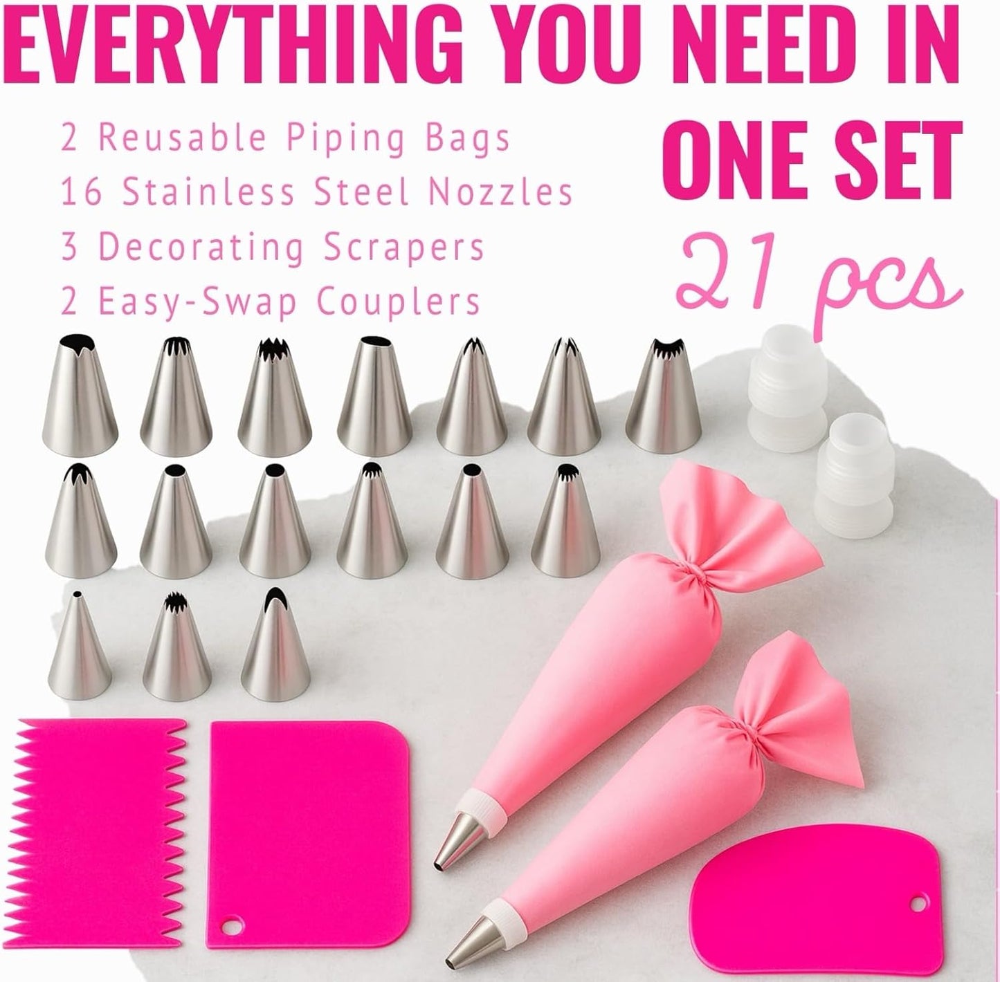 Skiennix Piping Bags and Tips Set - 21-Piece Reusable Cake Decorating Kit with 14 Stainless Steel Nozzles, 2 Silicone Bags & 3 Scrapers