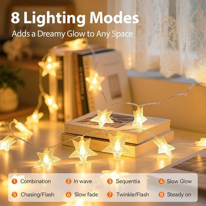 Lakumu LED Star String Lights - 50 Twinkle Lights with 8 Modes & Timer | 17FT Battery Operated Warm White Decor