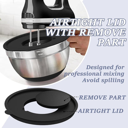 Umite Chef Mixing Bowls - 8PCS Stainless Steel Set with Airtight Lids & Grater Attachments | Non-Slip Bottoms, Black, 1.5QT to 5QT