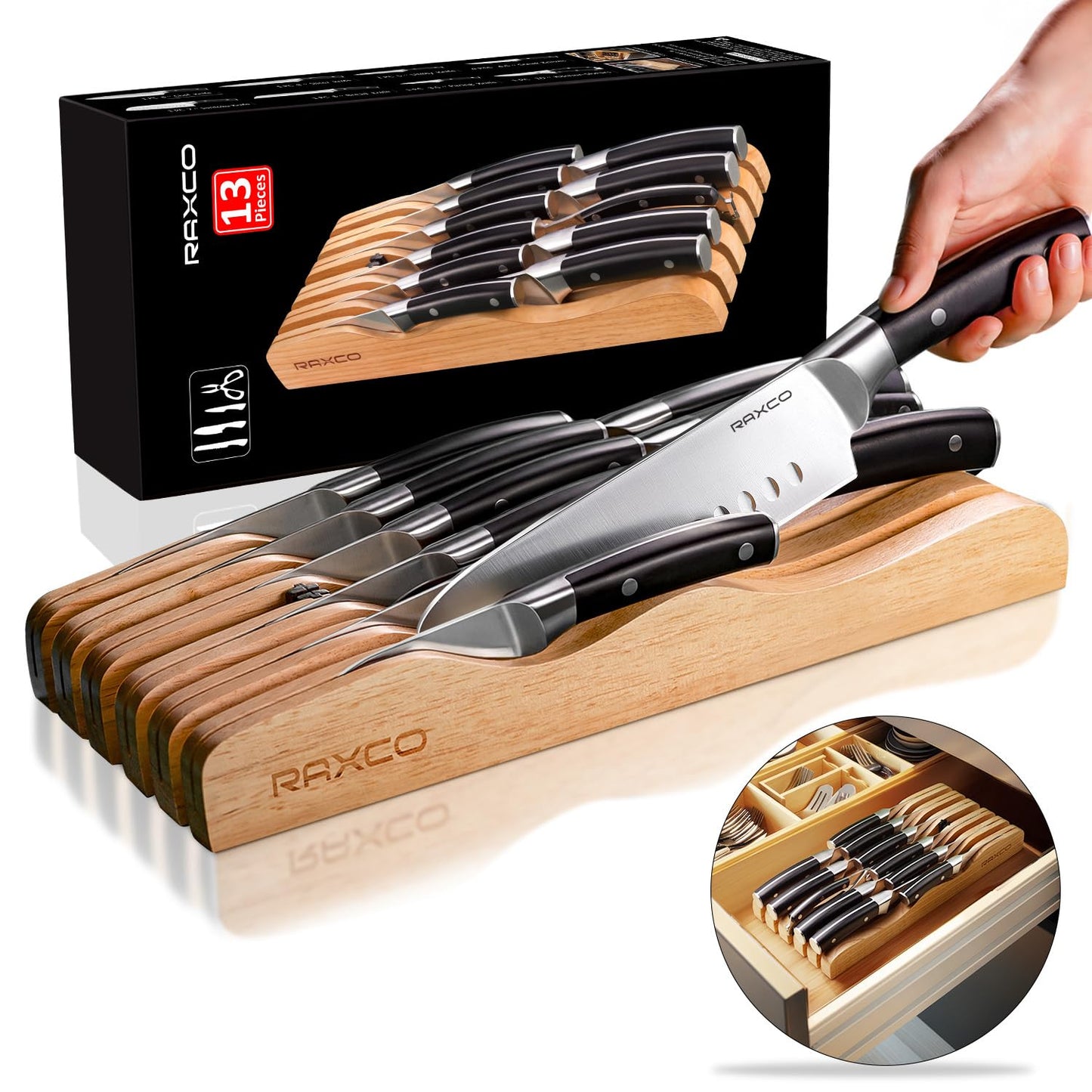 RAXCO Drawer Knife Set,13-Piece Stainless Steel Kitchen Knifes With Built-in Sharpener